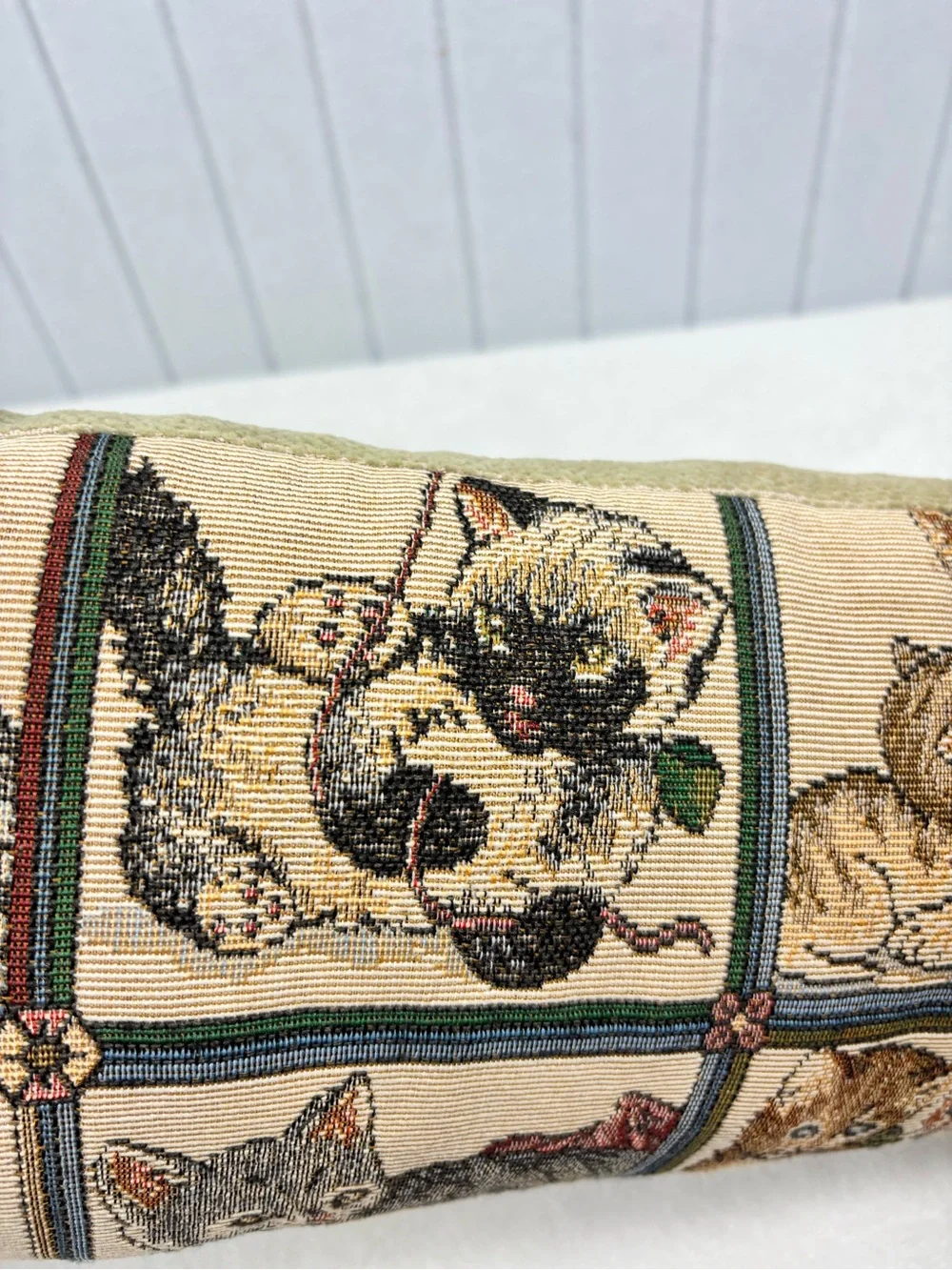 Vintage Tapestry  Kitten Bolster Pillow with Tassels